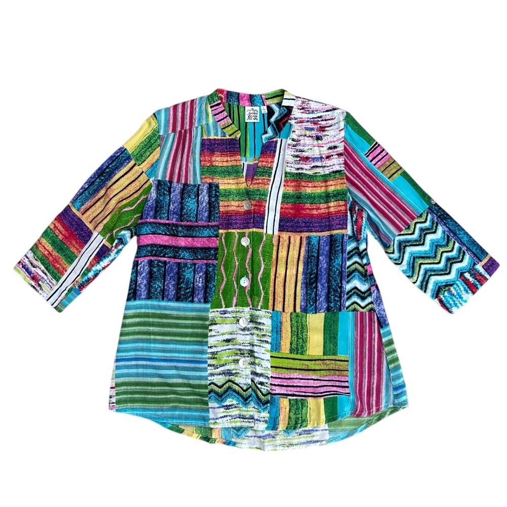 Parsley & Sage Large Artsy Patchwork Print 3/4 Sleeve Rayon Tunic Blouse Whimsy